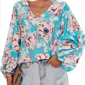 Womans V-neck draped bell sleeve blouse